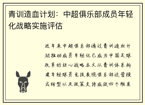 青训造血计划：中超俱乐部成员年轻化战略实施评估